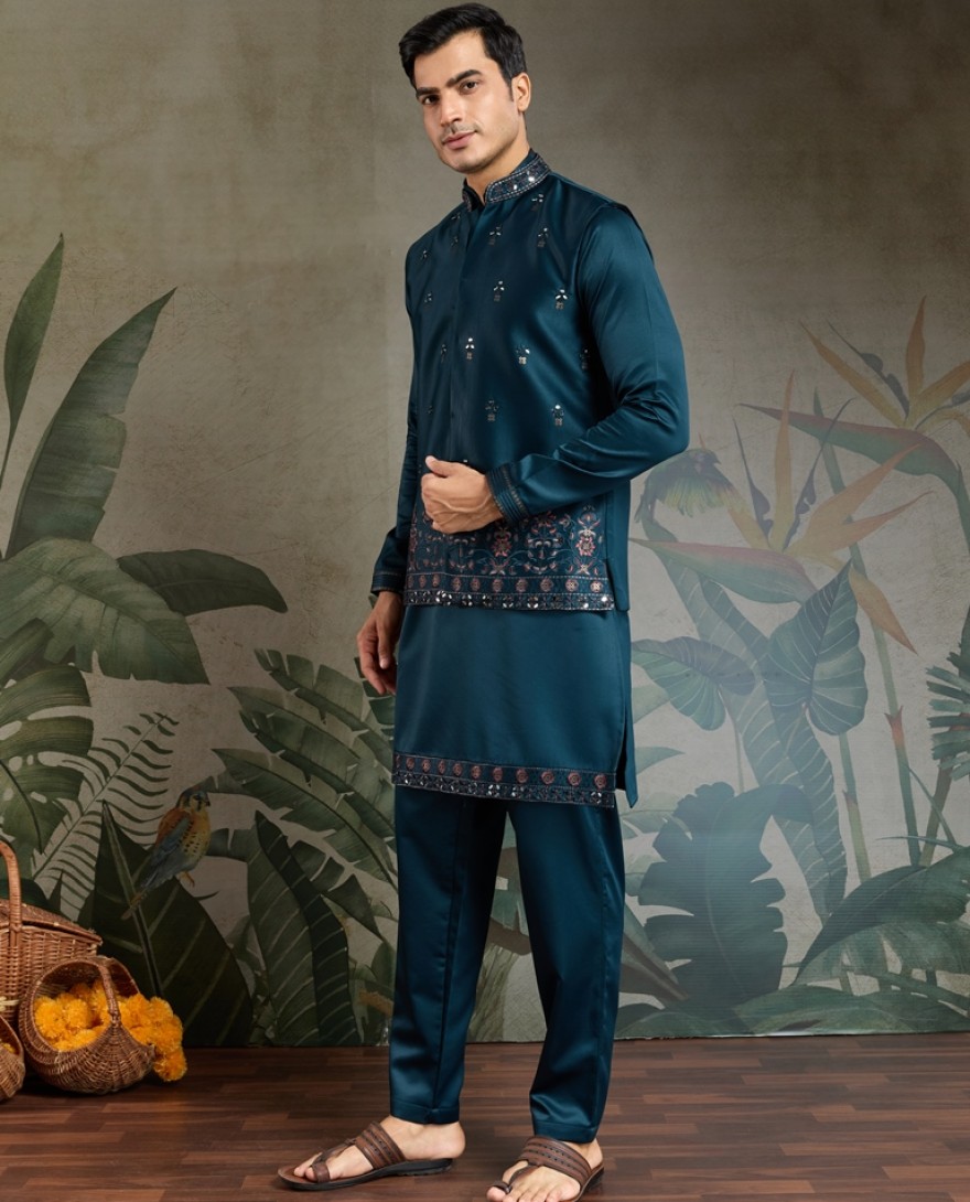 61104-BLUE - Midnight Blue Embroidered Kurta Set for Men